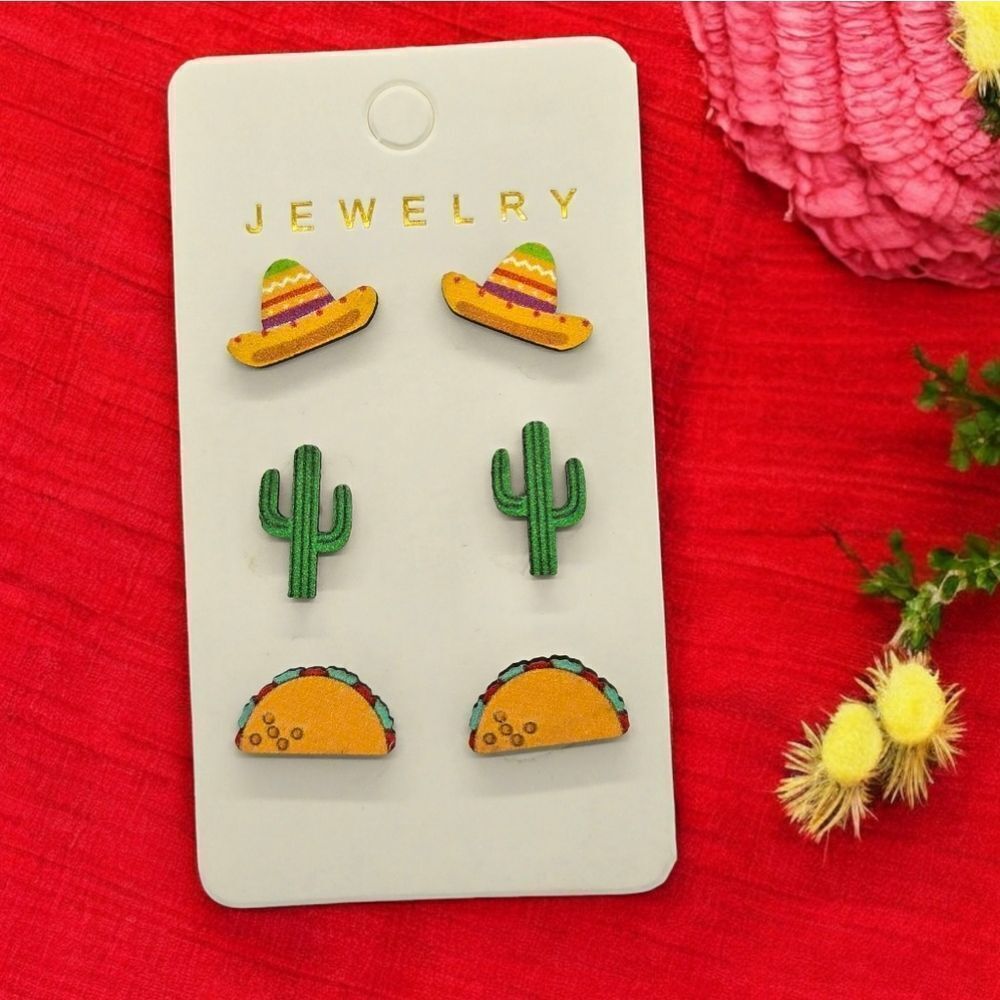 3-pc Cinco de Mayo Taco Cactus Sombrero Earring Studs Set Wooden Women's Jewelry